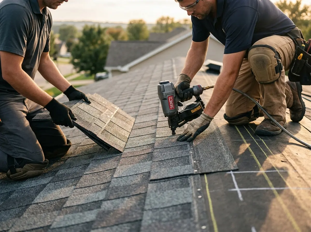 Professional roofer working on a residential roof in Pocatello